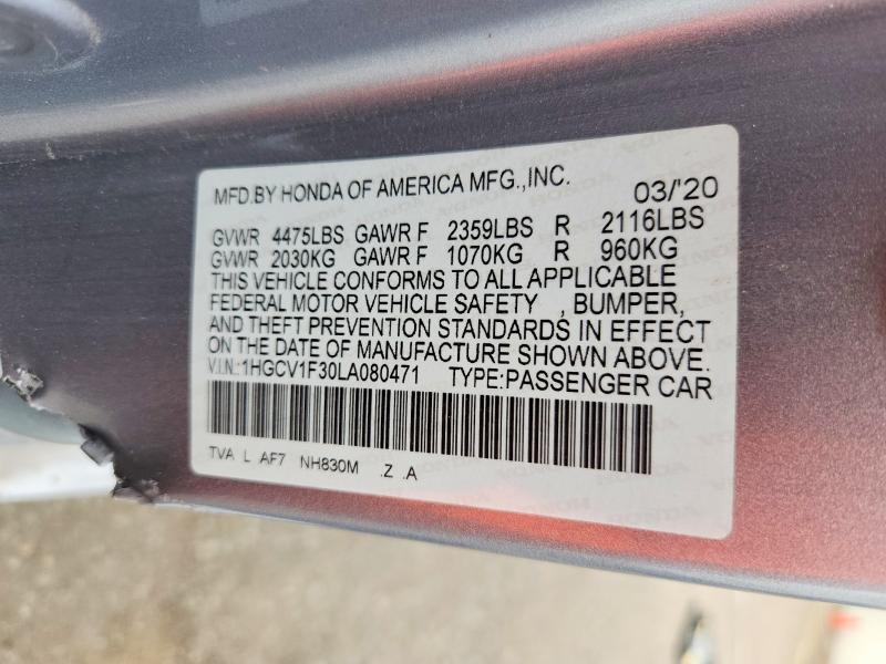70167236 :رقم المزاد ، 1HGCV1F30LA080471 vin ، 2020 Honda Accord مزاد بيع
