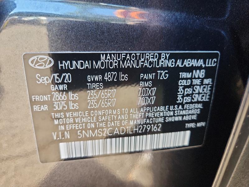 2020 Hyundai Santa Fe მანქანა იყიდება აუქციონზე, vin: 5NMS2CAD1LH279162, აუქციონის ნომერი: 71093596