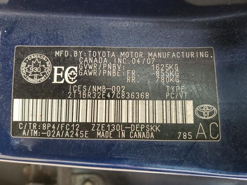 70114166 :رقم المزاد ، 2T1BR32E47C836368 vin ، 2007 Toyota Corolla مزاد بيع