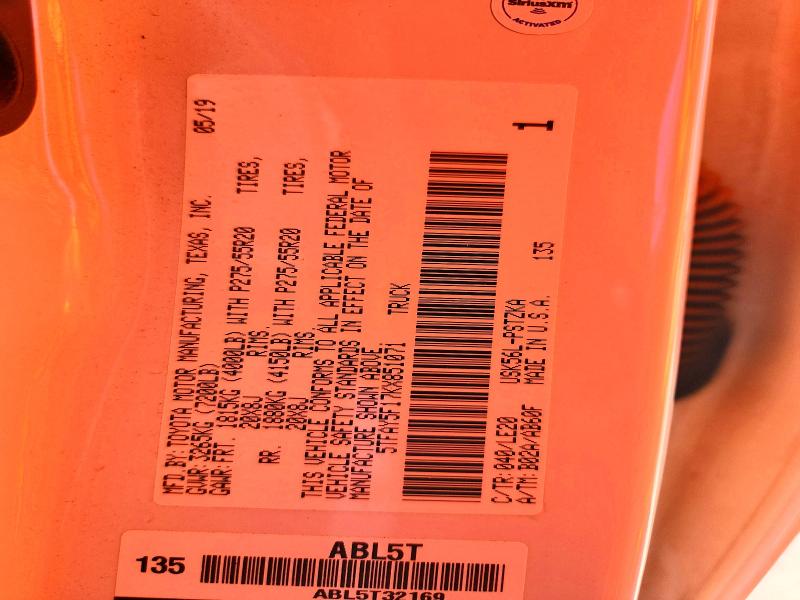 2019 Toyota Tundra მანქანა იყიდება აუქციონზე, vin: 5TFAY5F17KX851071, აუქციონის ნომერი: 67120386
