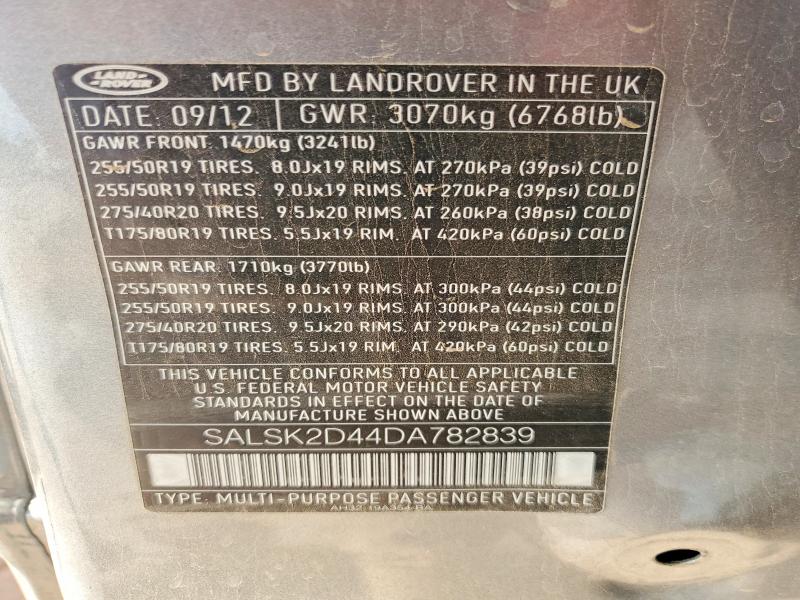 70003086 :رقم المزاد ، SALSK2D44DA782839 vin ، 2013 Land Rover Range Rover Sport مزاد بيع