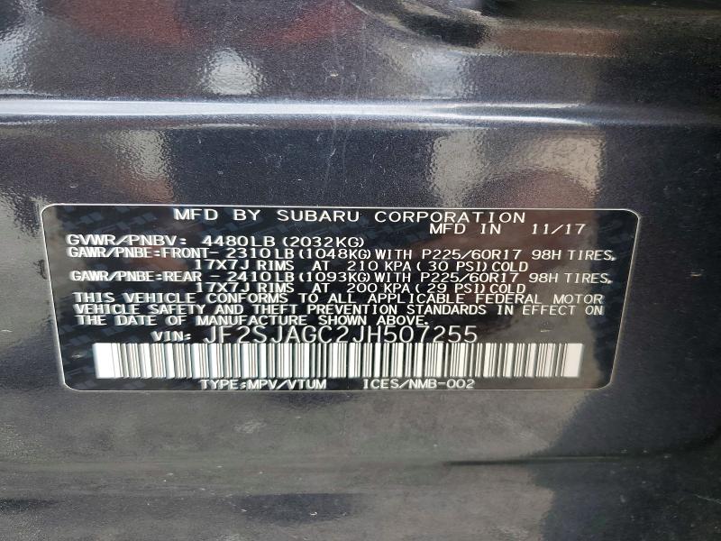 2018 Subaru Forester მანქანა იყიდება აუქციონზე, vin: JF2SJAGC2JH507255, აუქციონის ნომერი: 71190726