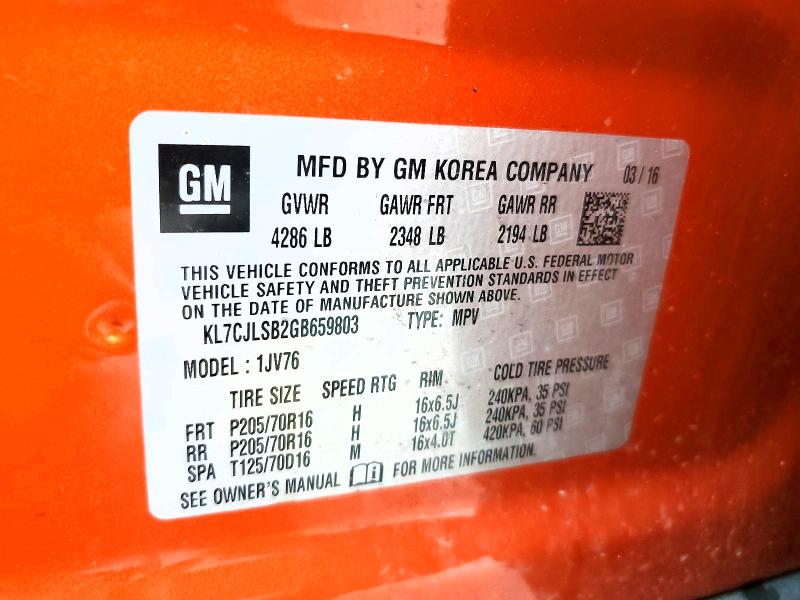Aukcja sprzedaży 2016 Chevrolet Trax, vin: KL7CJLSB2GB659803, numer aukcji: 66723586
