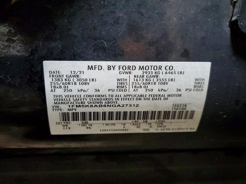 Продажа на аукционе авто 2022 Ford Explorer, vin: 1FM5K8AB8NGA27312, номер лота: 69336096