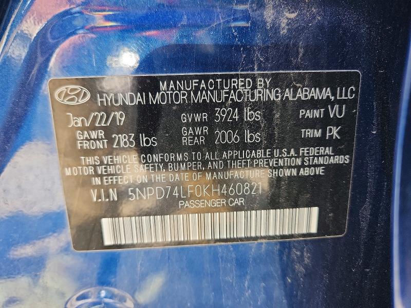 Продажа на аукционе авто 2019 Hyundai Elantra, vin: 5NPD74LF0KH460821, номер лота: 68090596