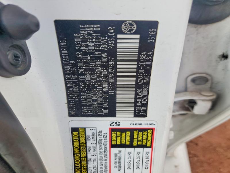 2019 Toyota Camry მანქანა იყიდება აუქციონზე, vin: 4T1B11HK7KU278967, აუქციონის ნომერი: 68697726