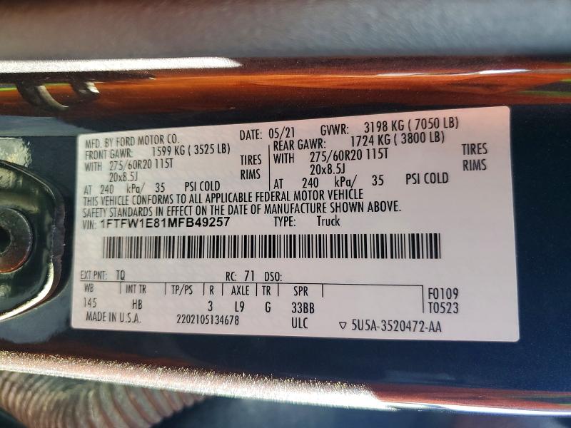 67743546 :رقم المزاد ، 1FTFW1E81MFB49257 vin ، 2021 Ford F150 مزاد بيع