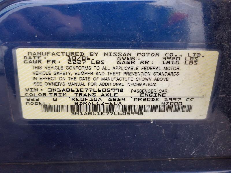 2007 Nissan Sentra მანქანა იყიდება აუქციონზე, vin: 3N1AB61E77L605998, აუქციონის ნომერი: 70817486