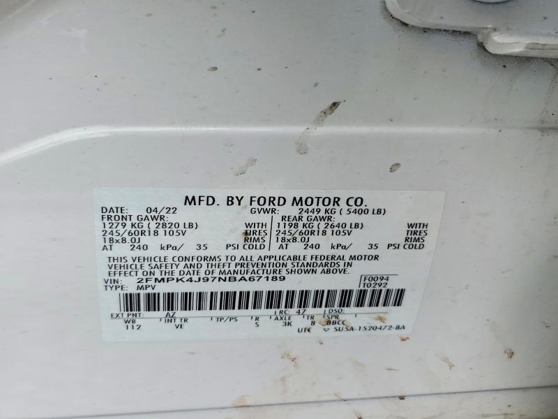70089706 :رقم المزاد ، 2FMPK4J97NBA67189 vin ، 2022 Ford Edge مزاد بيع
