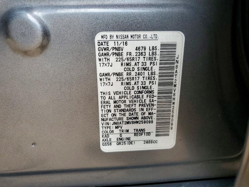 68565506 :رقم المزاد ، JN8AT2MV8HW259099 vin ، 2017 Nissan Rogue مزاد بيع