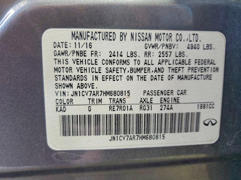 2017 Infiniti Q50 მანქანა იყიდება აუქციონზე, vin: JN1CV7AR7HM680815, აუქციონის ნომერი: 68506676