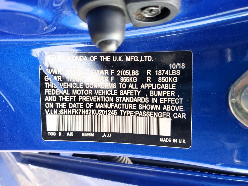 Продажа на аукционе авто 2019 Honda Civic, vin: SHHFK7H62KU201245, номер лота: 67928616
