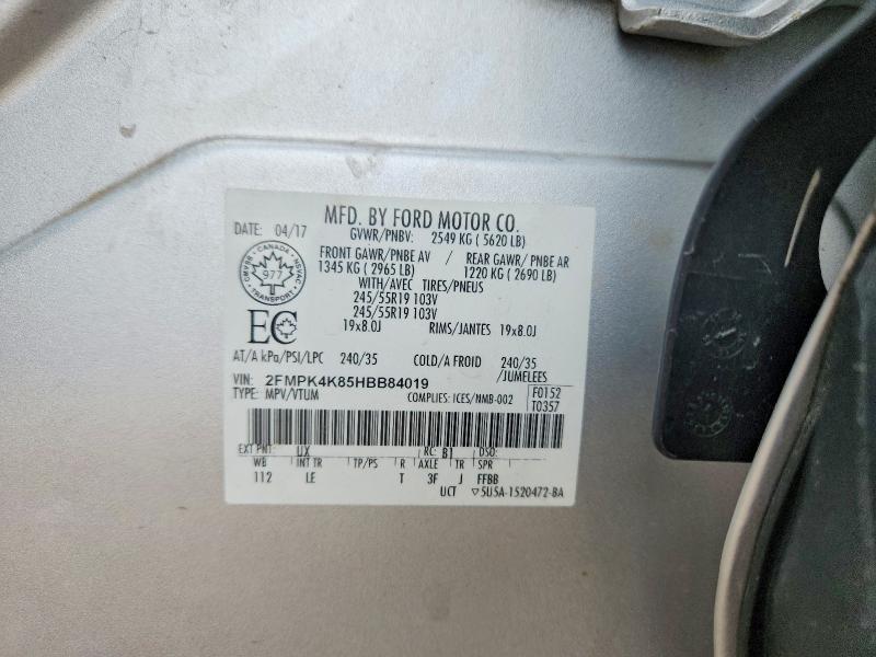 70462916 :رقم المزاد ، 2FMPK4K85HBB84019 vin ، 2017 Ford Edge مزاد بيع