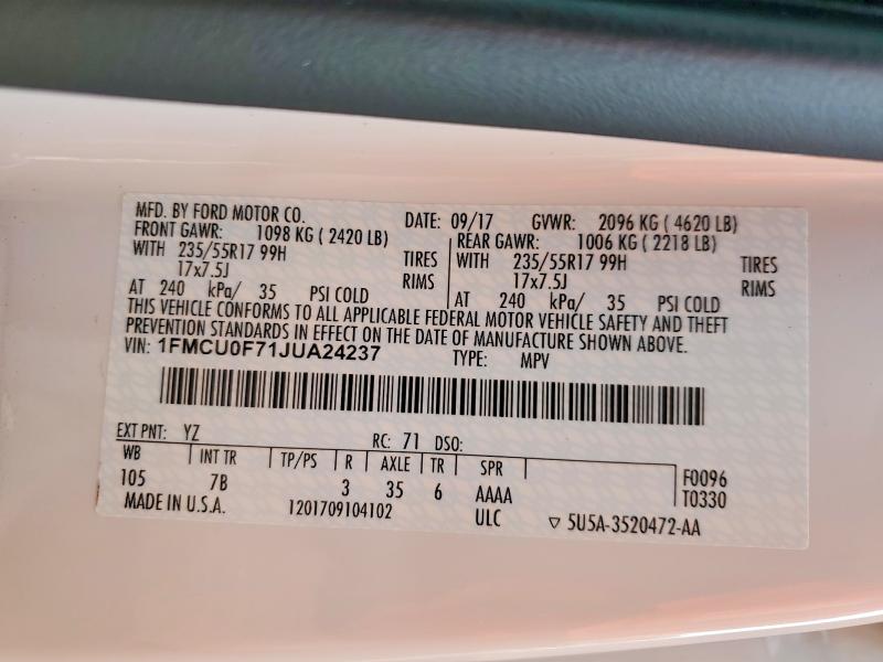 68780456 :رقم المزاد ، 1FMCU0F71JUA24237 vin ، 2018 Ford Escape مزاد بيع
