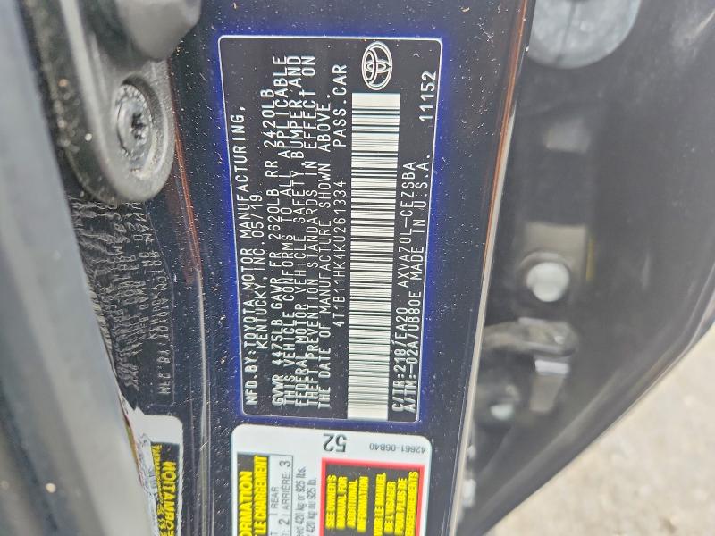 2019 Toyota Camry მანქანა იყიდება აუქციონზე, vin: 4T1B11HK4KU261334, აუქციონის ნომერი: 67653536