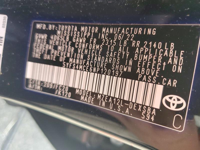 Продажа на аукционе авто 2022 Toyota Corolla, vin: 5YFS4MCE6NP120197, номер лота: 71048546