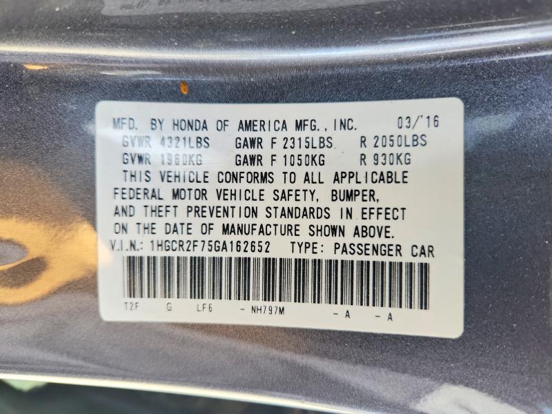 2016 Honda Accord მანქანა იყიდება აუქციონზე, vin: 1HGCR2F75GA162652, აუქციონის ნომერი: 67291016