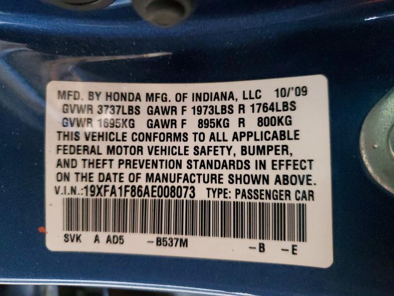 2010 Honda Civic მანქანა იყიდება აუქციონზე, vin: 19XFA1F86AE008073, აუქციონის ნომერი: 70311456