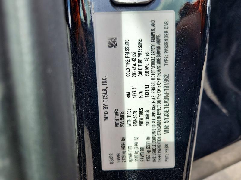 Aukcja sprzedaży 2022 Tesla Model 3, vin: 5YJ3E1EA3NF191962, numer aukcji: 68593506