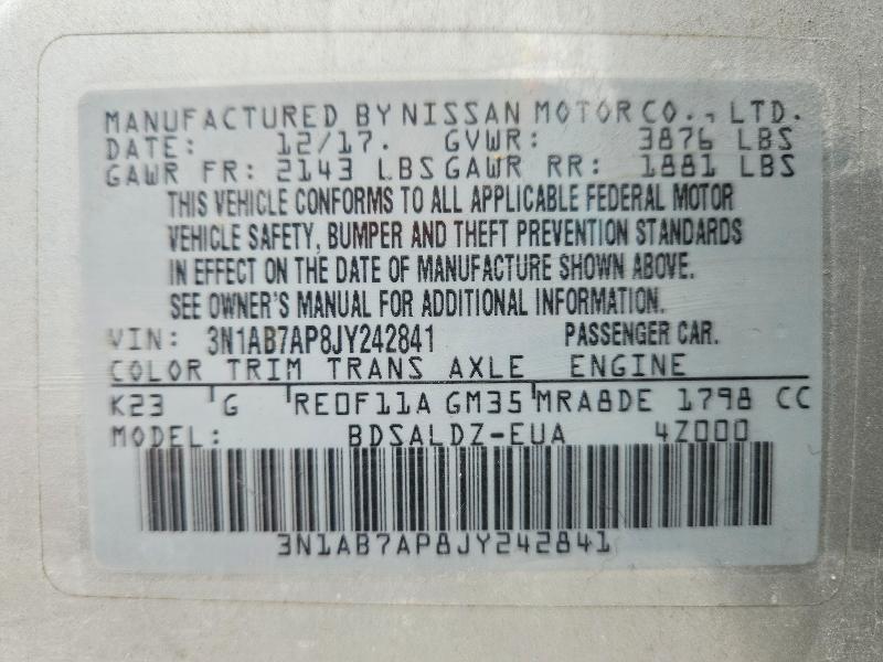 2018 Nissan Sentra მანქანა იყიდება აუქციონზე, vin: 3N1AB7AP8JY242841, აუქციონის ნომერი: 69510736