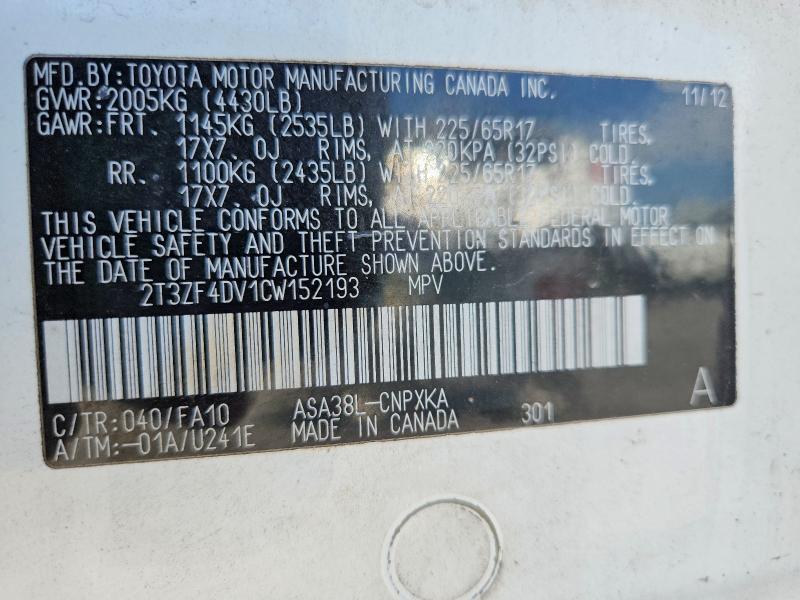 Aukcja sprzedaży 2012 Toyota Rav4, vin: 2T3ZF4DV1CW152193, numer aukcji: 69257266