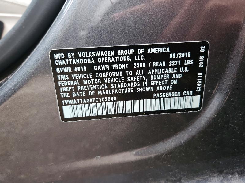 Продажа на аукционе авто 2015 Volkswagen Passat, vin: 1VWAT7A36FC103246, номер лота: 68844796