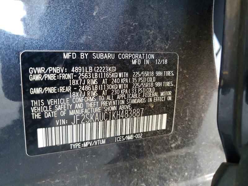 68981856 :رقم المزاد ، JF2SKAUC1KH483887 vin ، 2019 Subaru Forester مزاد بيع