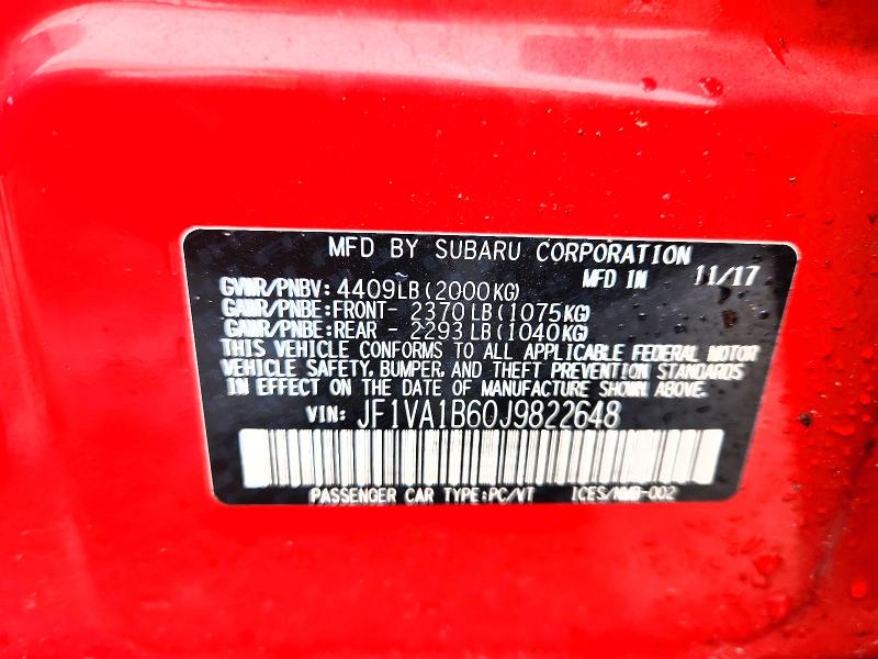 Продажа на аукционе авто 2018 Subaru Wrx, vin: JF1VA1B60J9822648, номер лота: 70869626