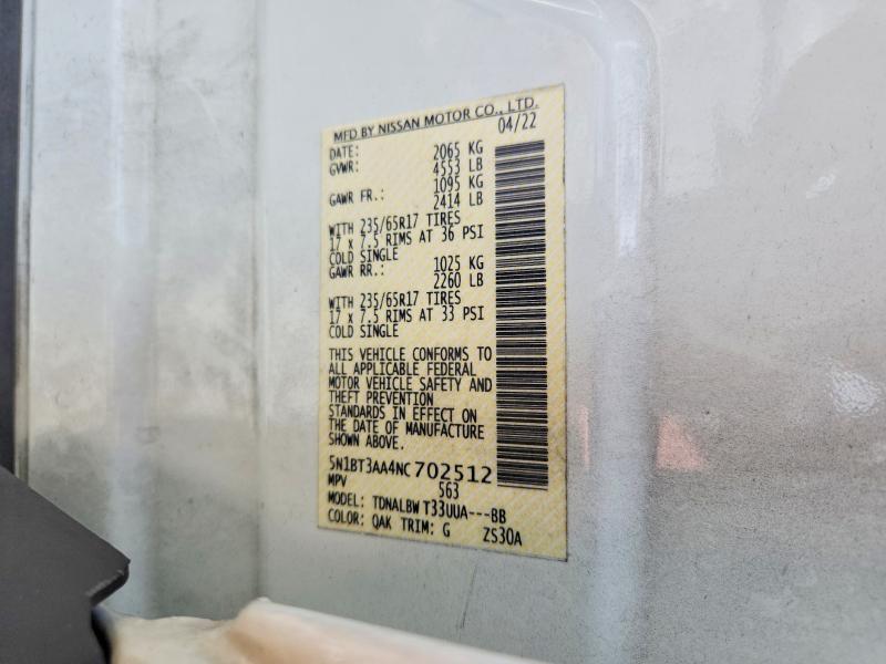67645686 :رقم المزاد ، 5N1BT3AA4NC702512 vin ، 2022 Nissan Rogue مزاد بيع
