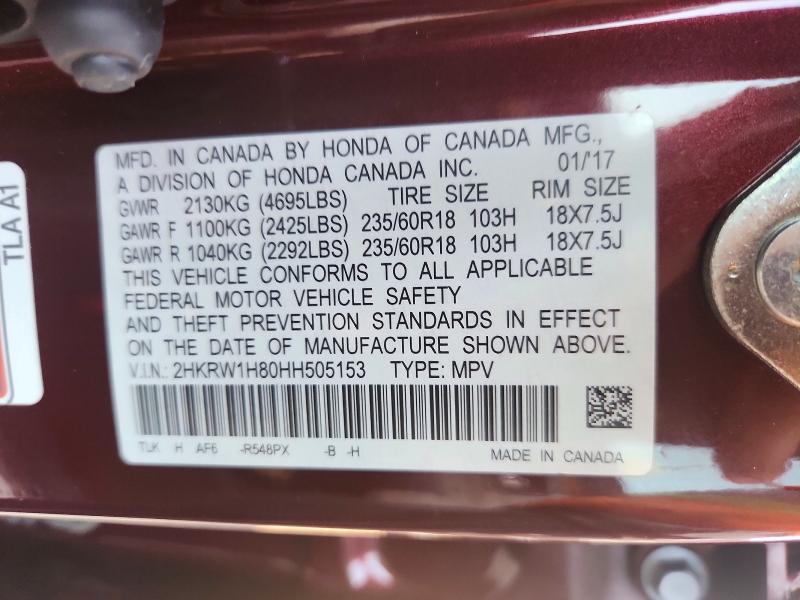 2017 Honda Cr-v მანქანა იყიდება აუქციონზე, vin: 2HKRW1H80HH505153, აუქციონის ნომერი: 68068376