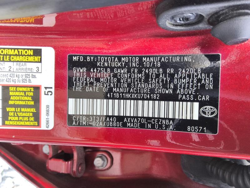 Продаж на аукціоні авто 2019 Toyota Camry, vin: 4T1B11HKXKU704182, номер лоту: 70152666