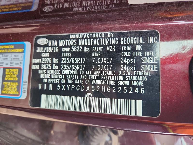 67846416 :رقم المزاد ، 5XYPGDA52HG225246 vin ، 2017 Kia Sorento مزاد بيع