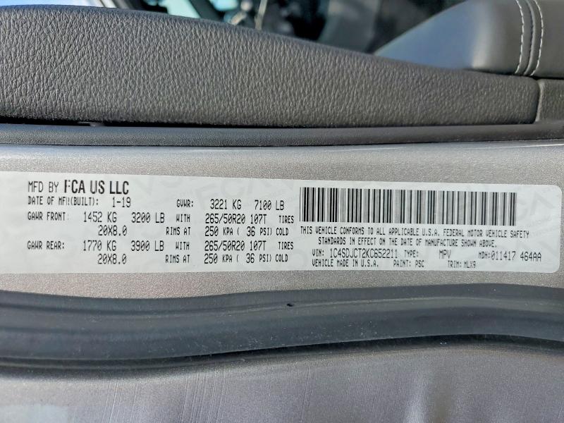 67844206 :رقم المزاد ، 1C4SDJCT2KC652211 vin ، 2019 Dodge Durango مزاد بيع