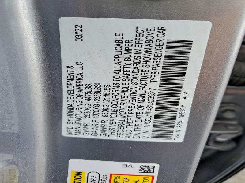 Продаж на аукціоні авто 2022 Honda Accord, vin: 1HGCV1F48NA039517, номер лоту: 67829856