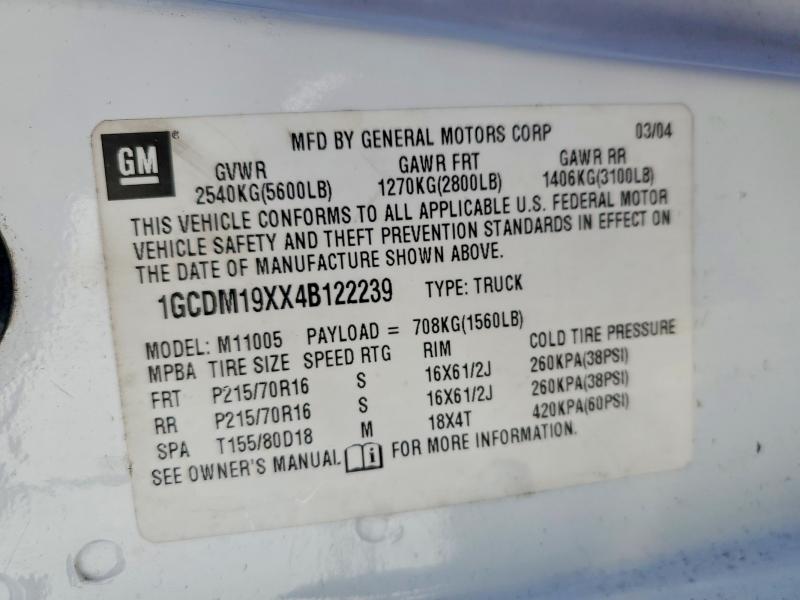 2004 Chevrolet Astro მანქანა იყიდება აუქციონზე, vin: 1GCDM19XX4B122239, აუქციონის ნომერი: 71168866
