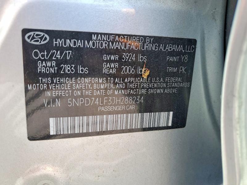 69445606 :رقم المزاد ، 5NPD74LF3JH288234 vin ، 2018 Hyundai Elantra مزاد بيع