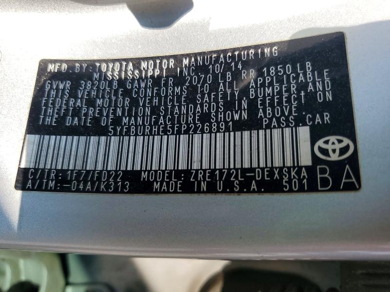 68823866 :رقم المزاد ، 5YFBURHE5FP226891 vin ، 2015 Toyota Corolla مزاد بيع