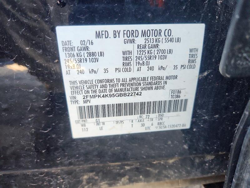 66225976 :رقم المزاد ، 2FMPK4K95GBB22742 vin ، 2016 Ford Edge مزاد بيع