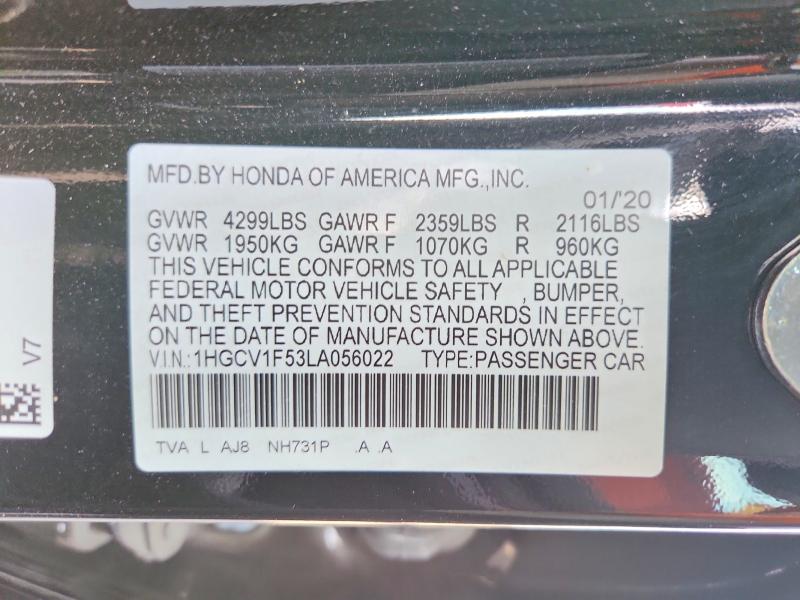 70285786 :رقم المزاد ، 1HGCV1F53LA056022 vin ، 2020 Honda Accord مزاد بيع