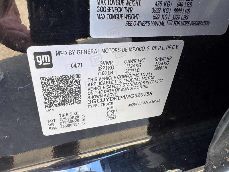 2021 Chevrolet Silverado მანქანა იყიდება აუქციონზე, vin: 3GCUYDED4MG320758, აუქციონის ნომერი: 70236626