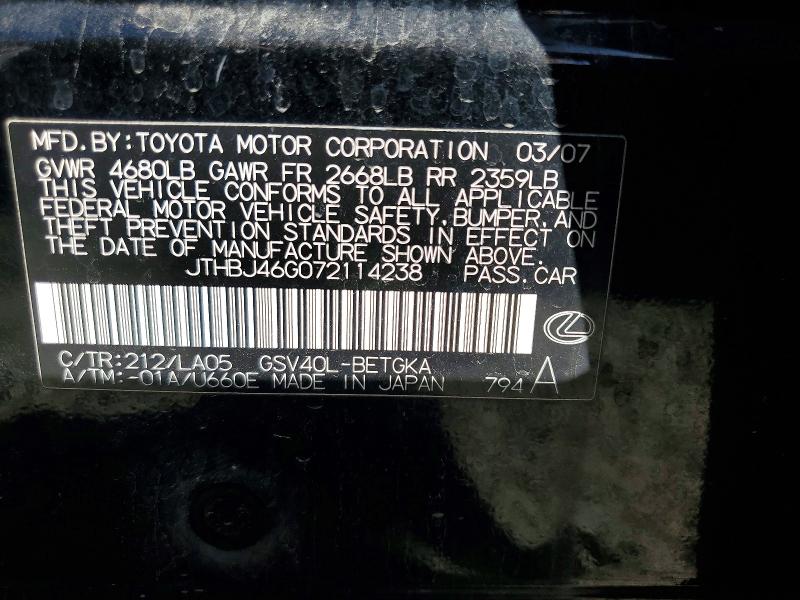 Aukcja sprzedaży 2007 Lexus Es, vin: JTHBJ46G072114238, numer aukcji: 69343346