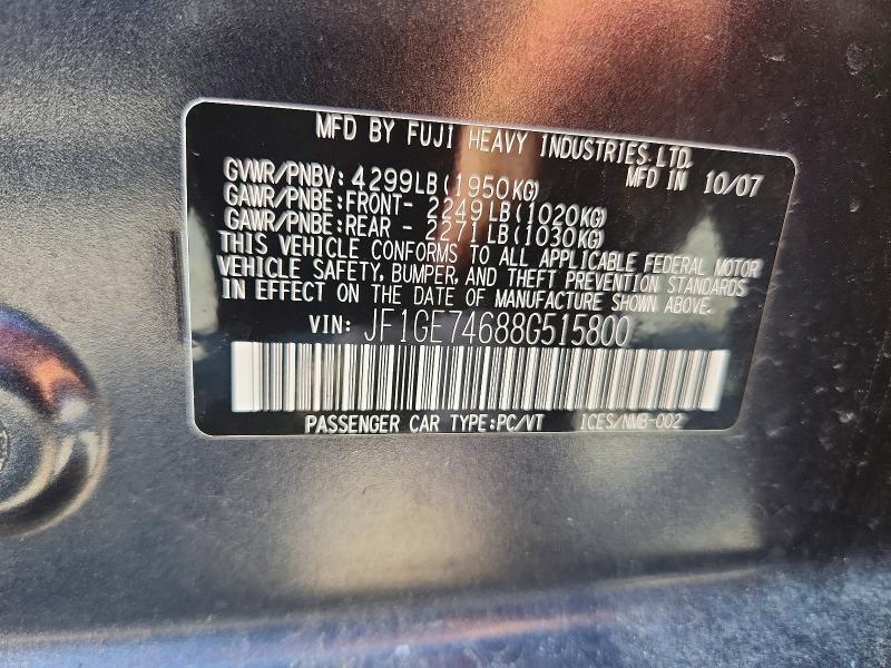 Aukcja sprzedaży 2008 Subaru Impreza, vin: JF1GE74688G515800, numer aukcji: 68613416