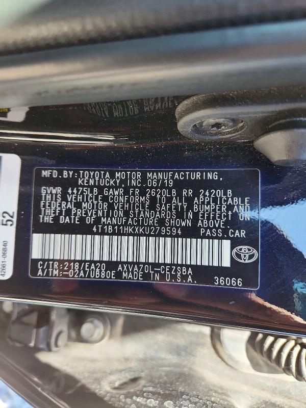 2019 Toyota Camry მანქანა იყიდება აუქციონზე, vin: 4T1B11HKXKU279594, აუქციონის ნომერი: 67458476