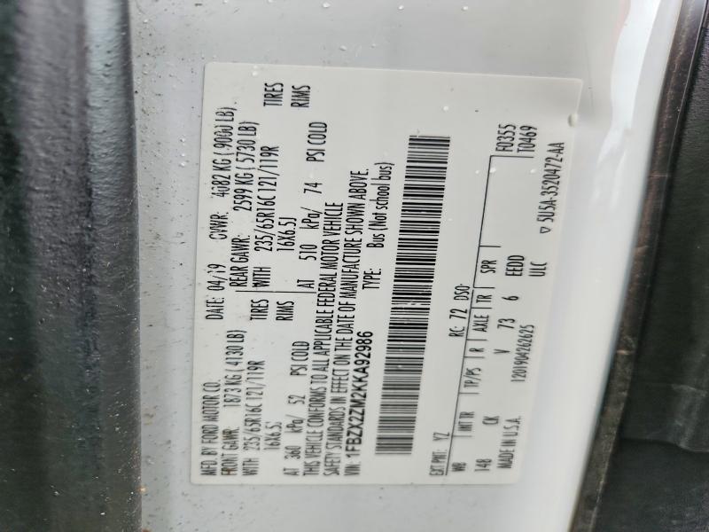 69798656 :رقم المزاد ، 1FBZX2ZM2KKA92986 vin ، 2019 Ford Transit مزاد بيع