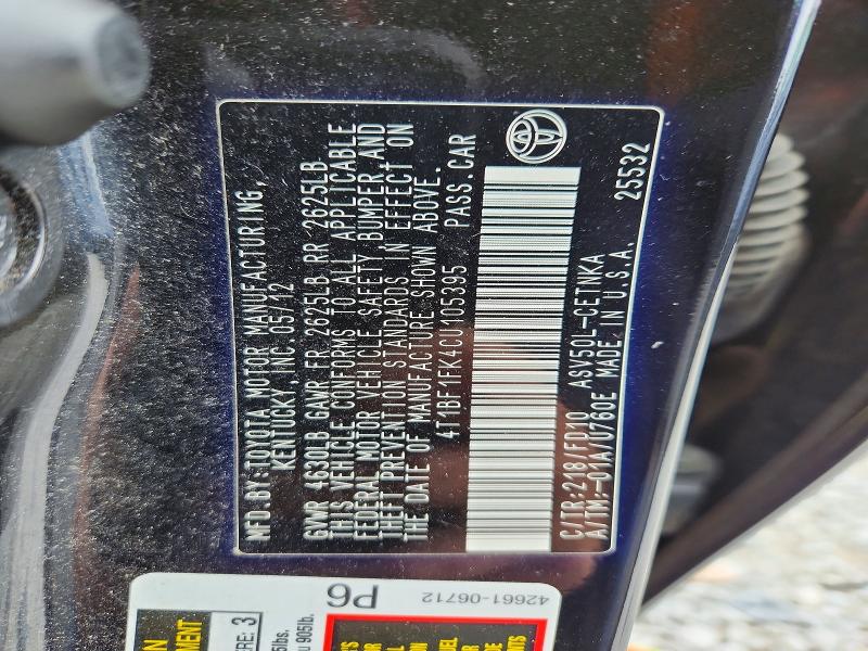Aukcja sprzedaży 2012 Toyota Camry, vin: 4T1BF1FK4CU105395, numer aukcji: 69166916