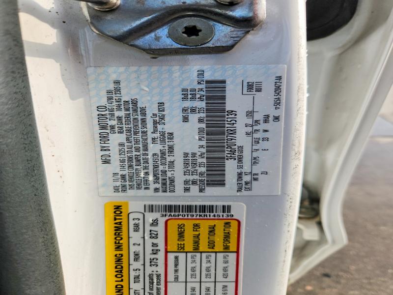 2019 Ford Fusion მანქანა იყიდება აუქციონზე, vin: 3FA6P0T97KR145139, აუქციონის ნომერი: 69369746