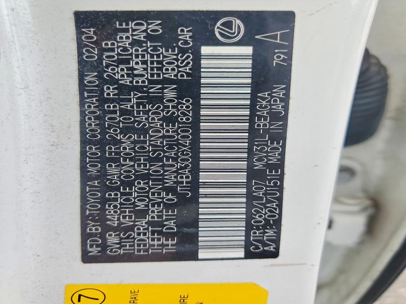 Продаж на аукціоні авто 2004 Lexus Es, vin: JTHBA30GX40018286, номер лоту: 69449976