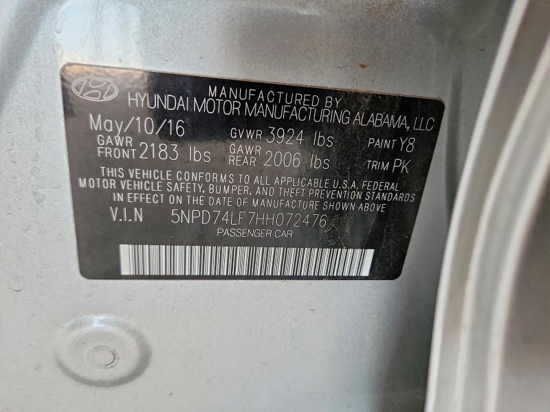 2017 Hyundai Elantra მანქანა იყიდება აუქციონზე, vin: 5NPD74LF7HH072476, აუქციონის ნომერი: 70163956