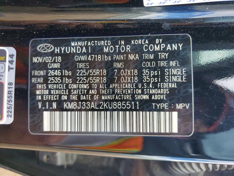 68888676 :رقم المزاد ، KM8J33AL2KU885511 vin ، 2019 Hyundai Tucson مزاد بيع
