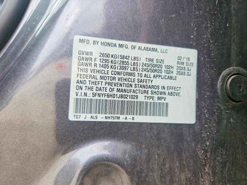 Продажа на аукционе авто 2018 Honda Pilot, vin: 5FNYF6H01JB021029, номер лота: 68958916
